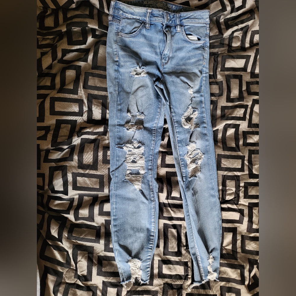 American Eagle Outfitters Super Stretch X Blue Skinny Jeans Distressed